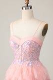 Pink A Line Corset Sequins Short Homecoming Dress with Ruffles