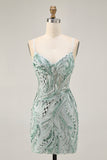 Green Beaded Bodycon Homecoming Dress with Lace Up Back