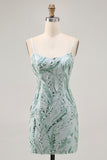 Green Bodycon Spaghetti Straps Beaded Homecoming Dress with Sequins