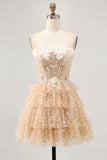 Champagne A Line Strapless Tiered Appliqued Homecoming Dress