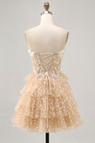 Champagne A Line Strapless Tiered Appliqued Homecoming Dress
