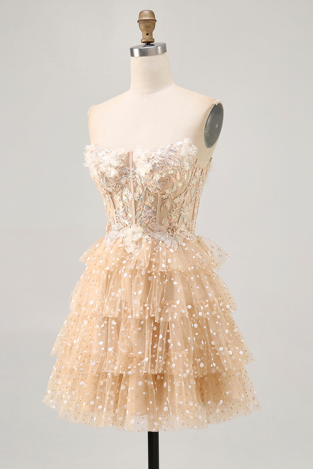 Champagne A Line Strapless Tiered Appliqued Homecoming Dress