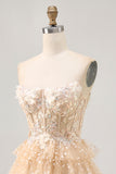 Champagne A Line Strapless Tiered Appliqued Homecoming Dress