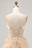 Champagne A Line Strapless Tiered Appliqued Homecoming Dress