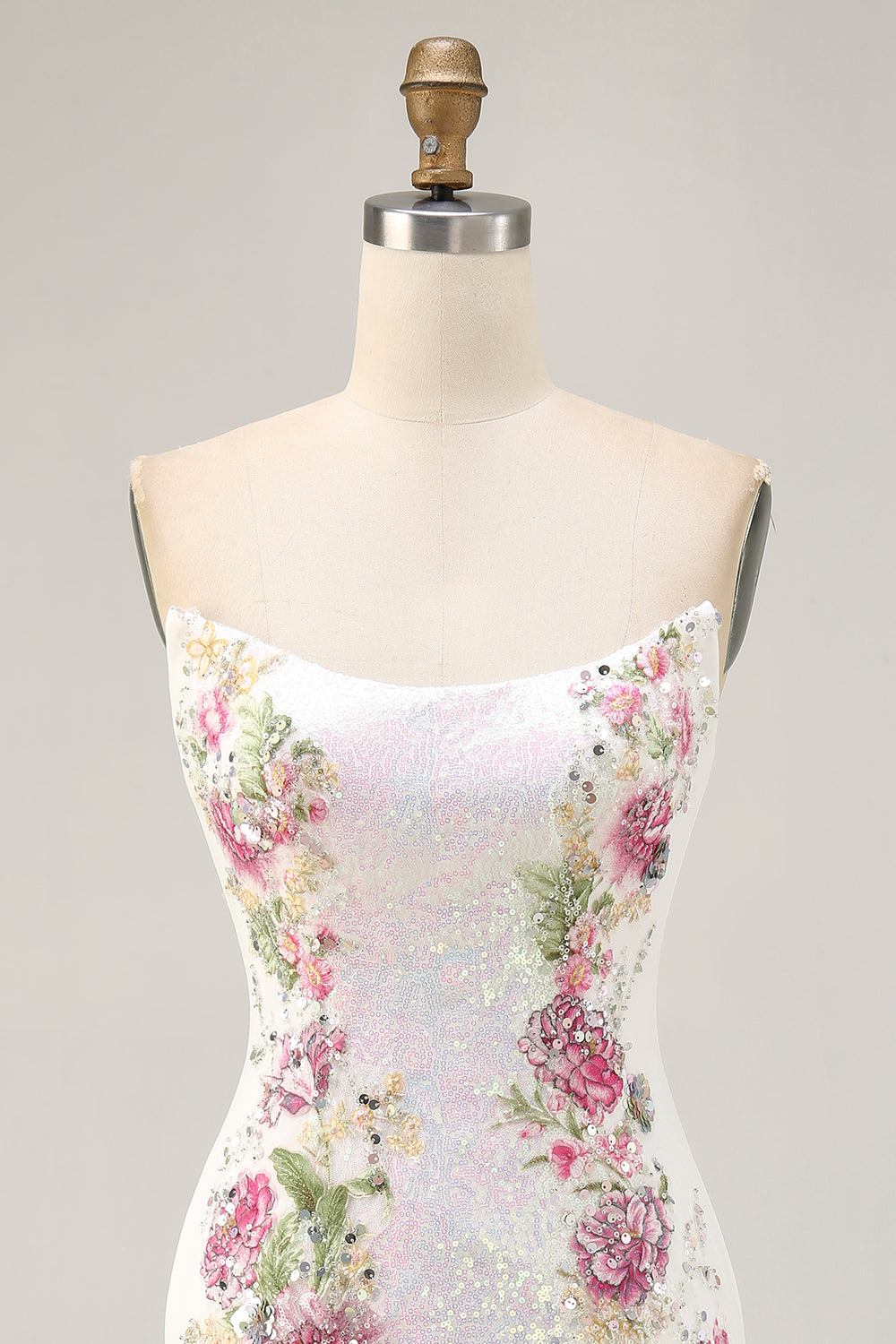 Floral Strapless Sequins Bodycon White Homecoming Dress