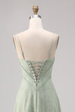 Sage Green Lace Corset A Line Long Bridesmaid Dress