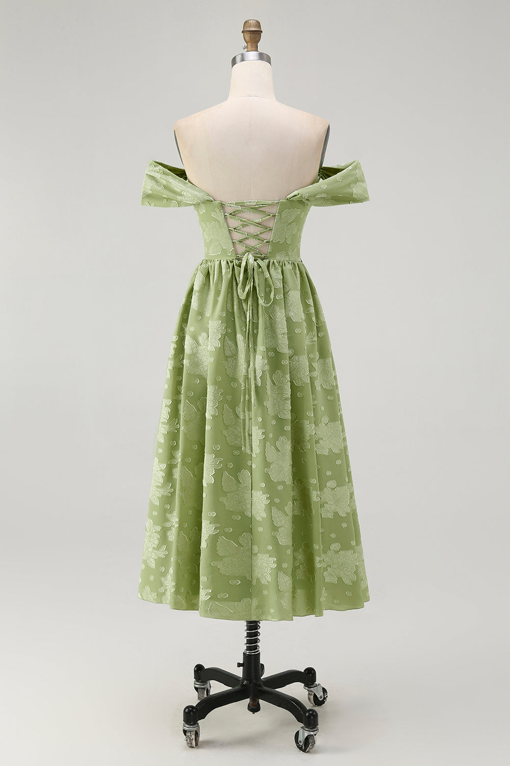 Sage Green Floral A Line Off The Shoulder Midi Bridesmaid Dress