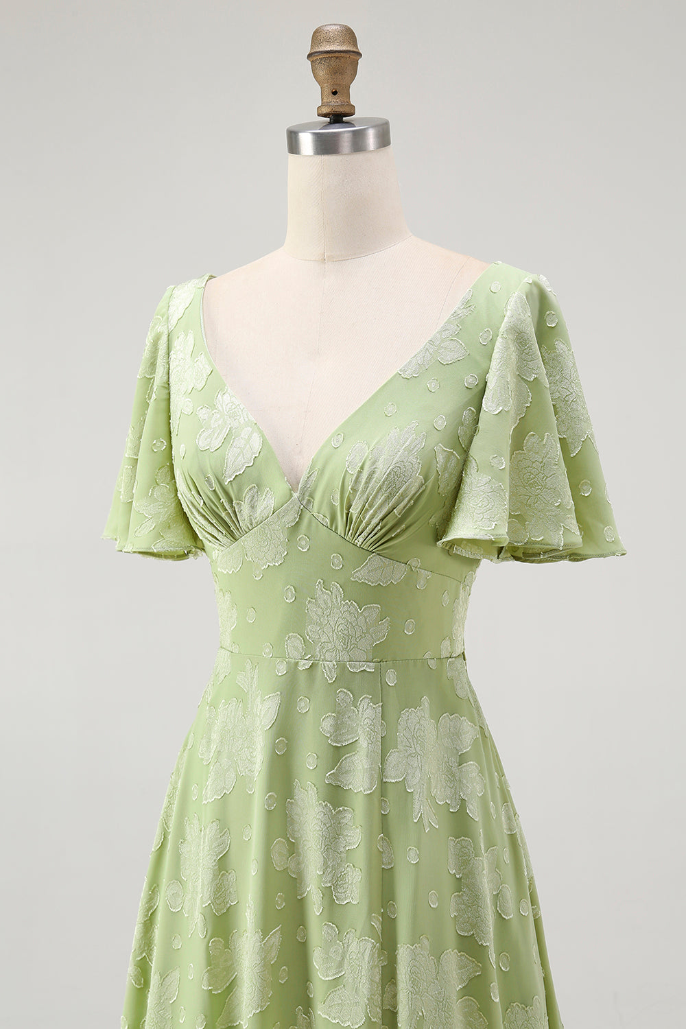 Green Floral A Line Short Sleeve Bridesmaid Dress