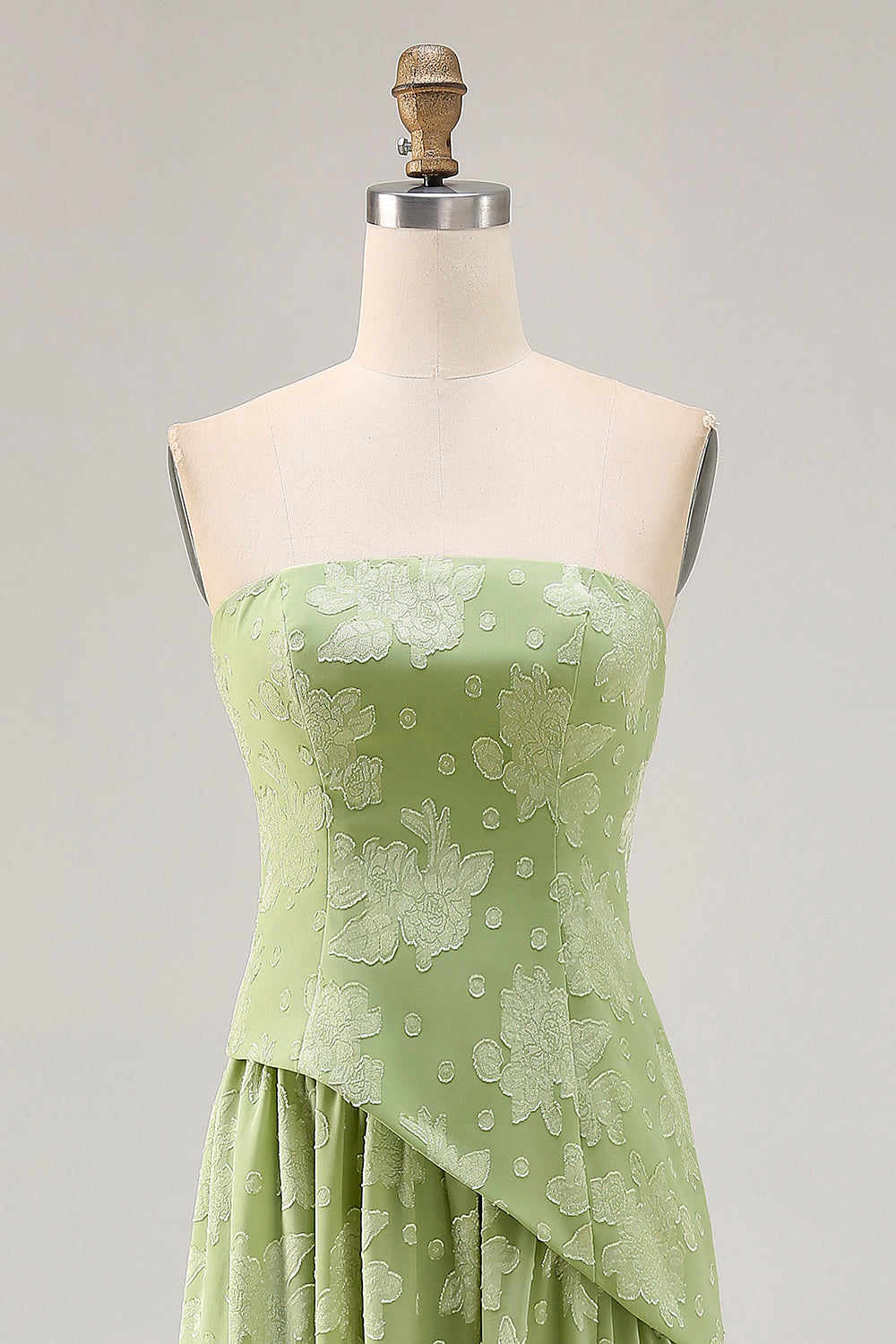 Floral Strapless Printed Sage Green Bridesmaid Dress with Slit