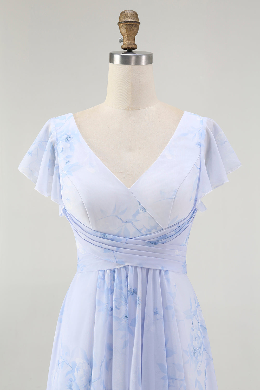 Blue Floral A Line V Neck Chiffon Long Bridesmaid Dress with Slit