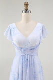 Blue Floral A Line V Neck Chiffon Long Bridesmaid Dress with Slit