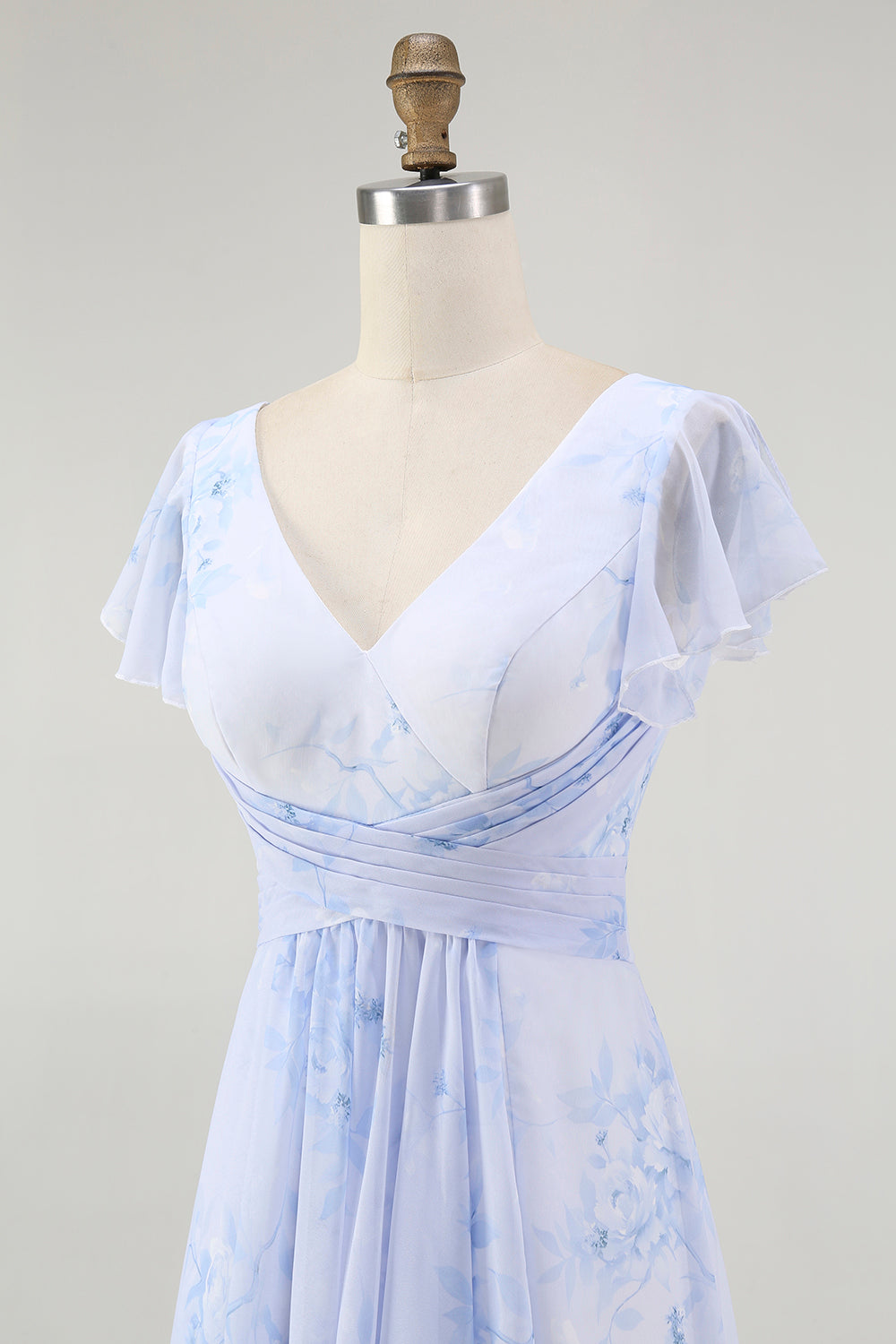 Blue Floral A Line V Neck Chiffon Long Bridesmaid Dress with Slit