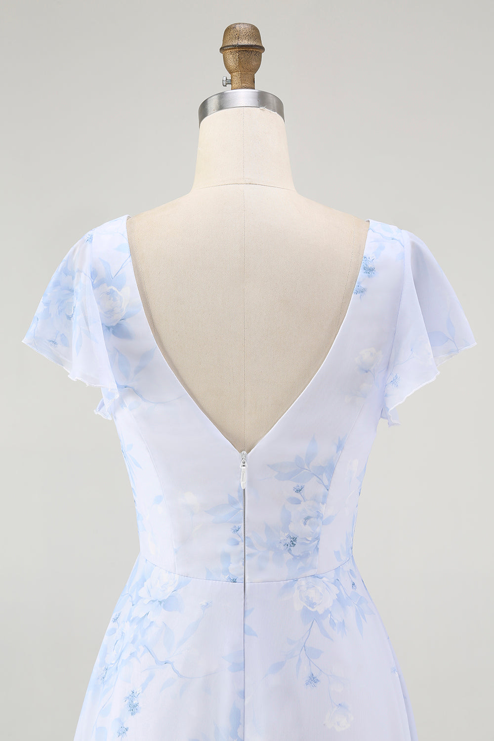 Blue Floral A Line V Neck Chiffon Long Bridesmaid Dress with Slit