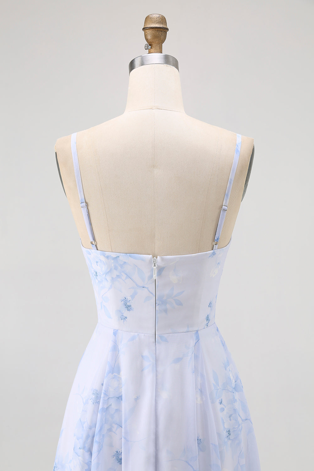Blue Floral Spaghetti Straps Chiffon A Line Bridesmaid Dress