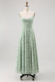 Blue Floral Spaghetti Straps Chiffon A Line Bridesmaid Dress