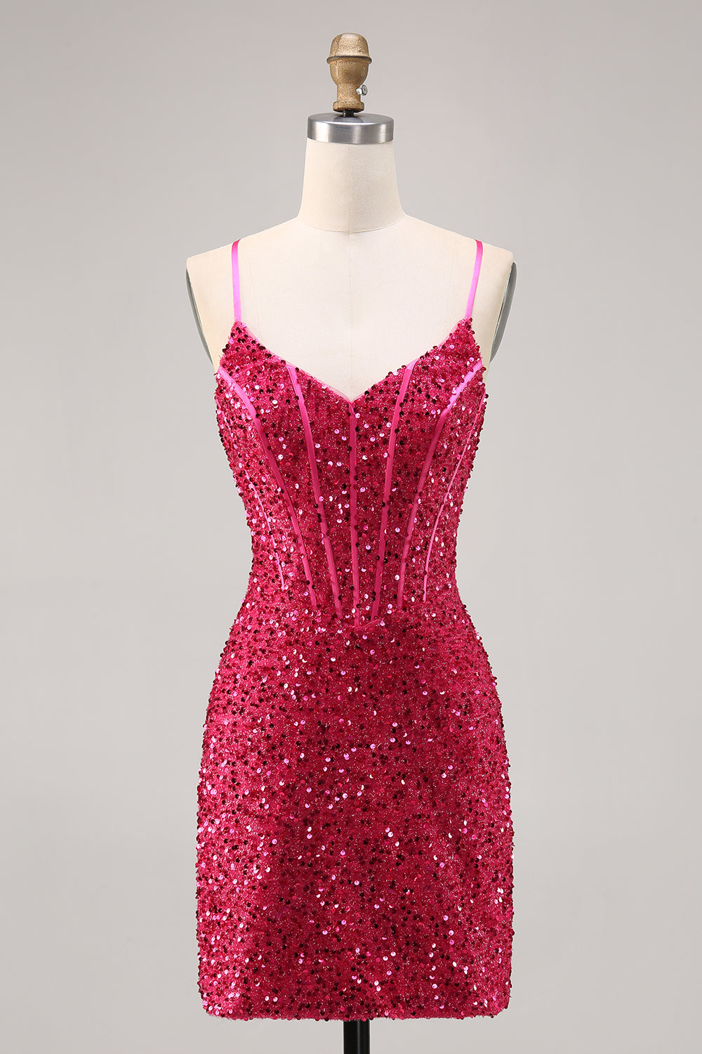 Sparkly Fuchsia Corset Short Tight Homecoming Dress with Sequins