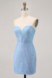 Blue Bodycon Strapless Beaded Short Homecoming Dress