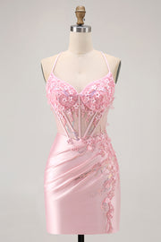 Candy Pink Bodycon Beaded Corset Short Homecoming Dress with Appliques