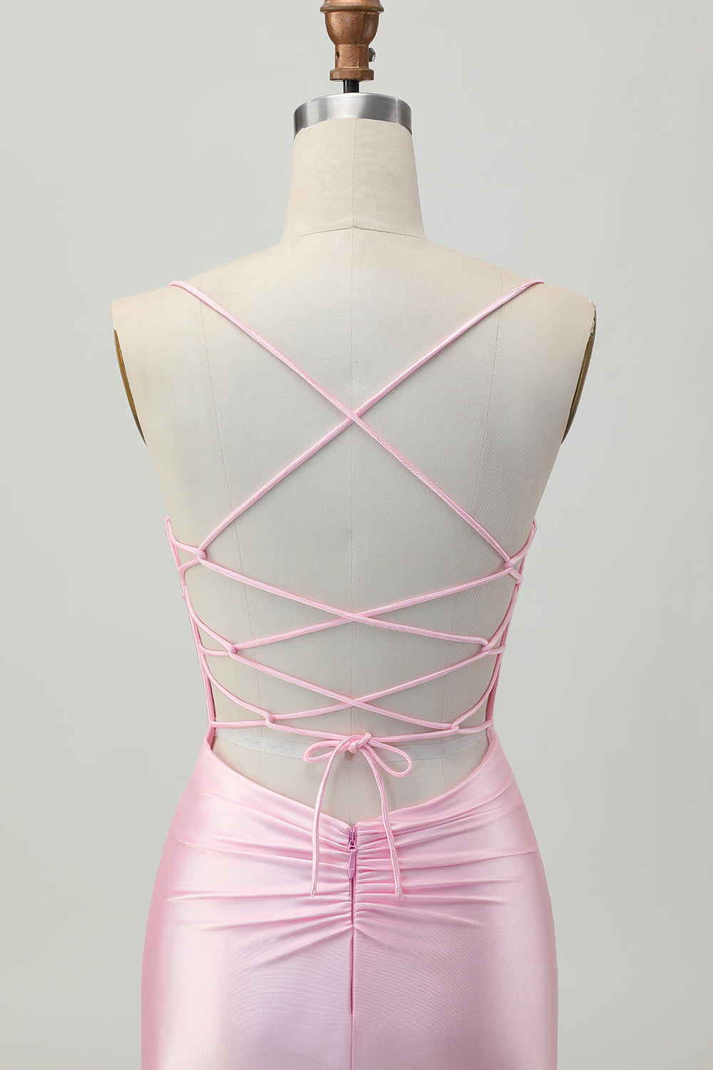 Blush Pink Bodycon Spaghetti Straps Short Homecoming Dress with Lace Up Back