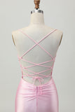Blush Pink Bodycon Spaghetti Straps Short Homecoming Dress with Lace Up Back