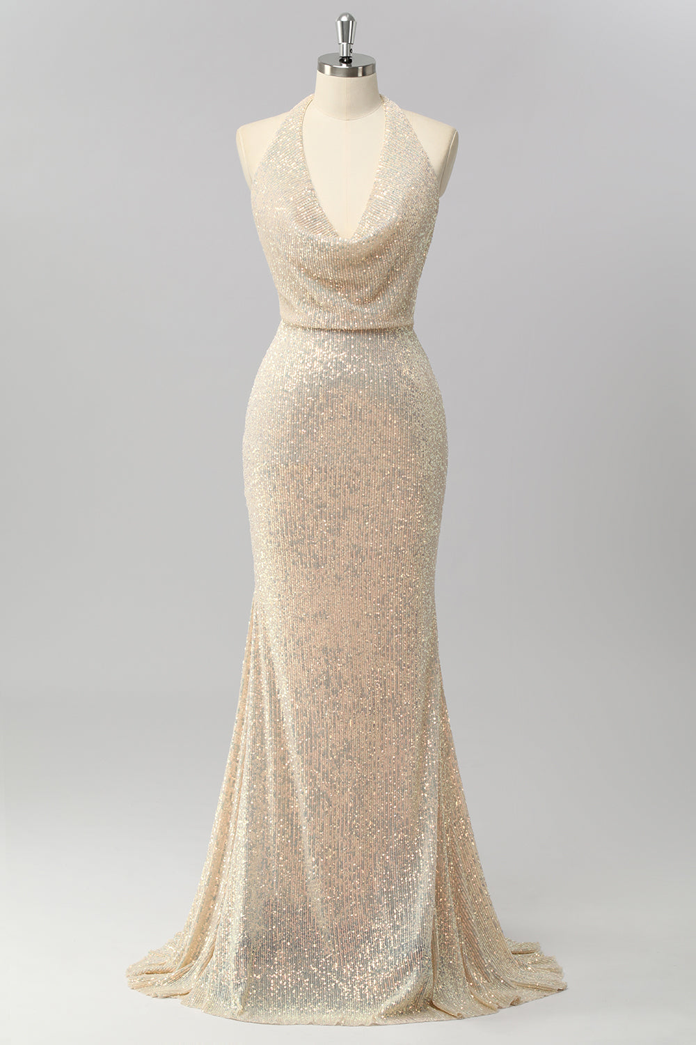 Apricot Mermaid Halter Sequins Open Back Long Prom Dress