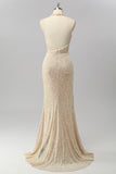 Apricot Mermaid Halter Sequins Open Back Long Prom Dress