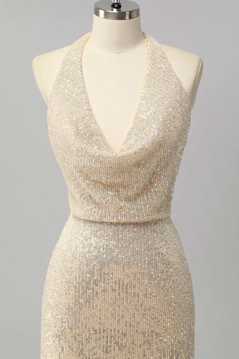 Apricot Mermaid Halter Sequins Open Back Long Prom Dress