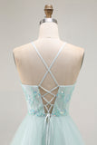 A Line Light Green Appliqued Tulle Long Prom Dress