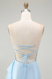 Sparkly Light Blue Strapless Corset Mermaid Beaded Long Prom Dress with Slit