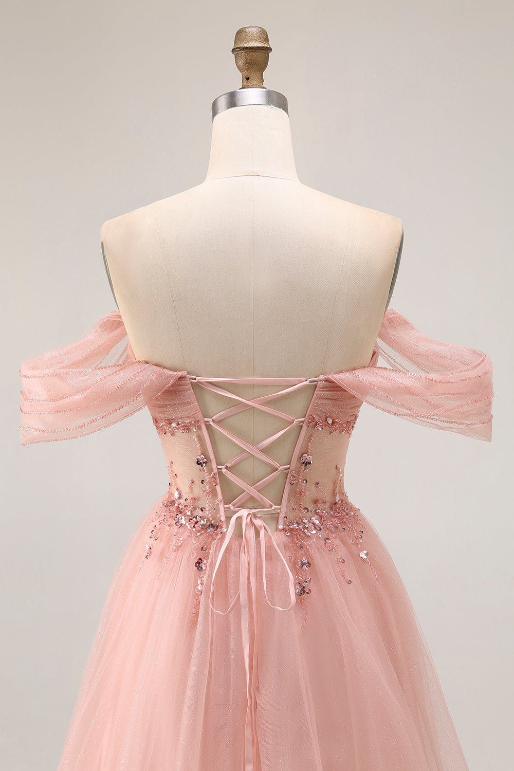 Blush Off The Shoulder Beaded A Line Tulle Long Prom Dress