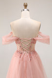 Blush Off The Shoulder Beaded A Line Tulle Long Prom Dress