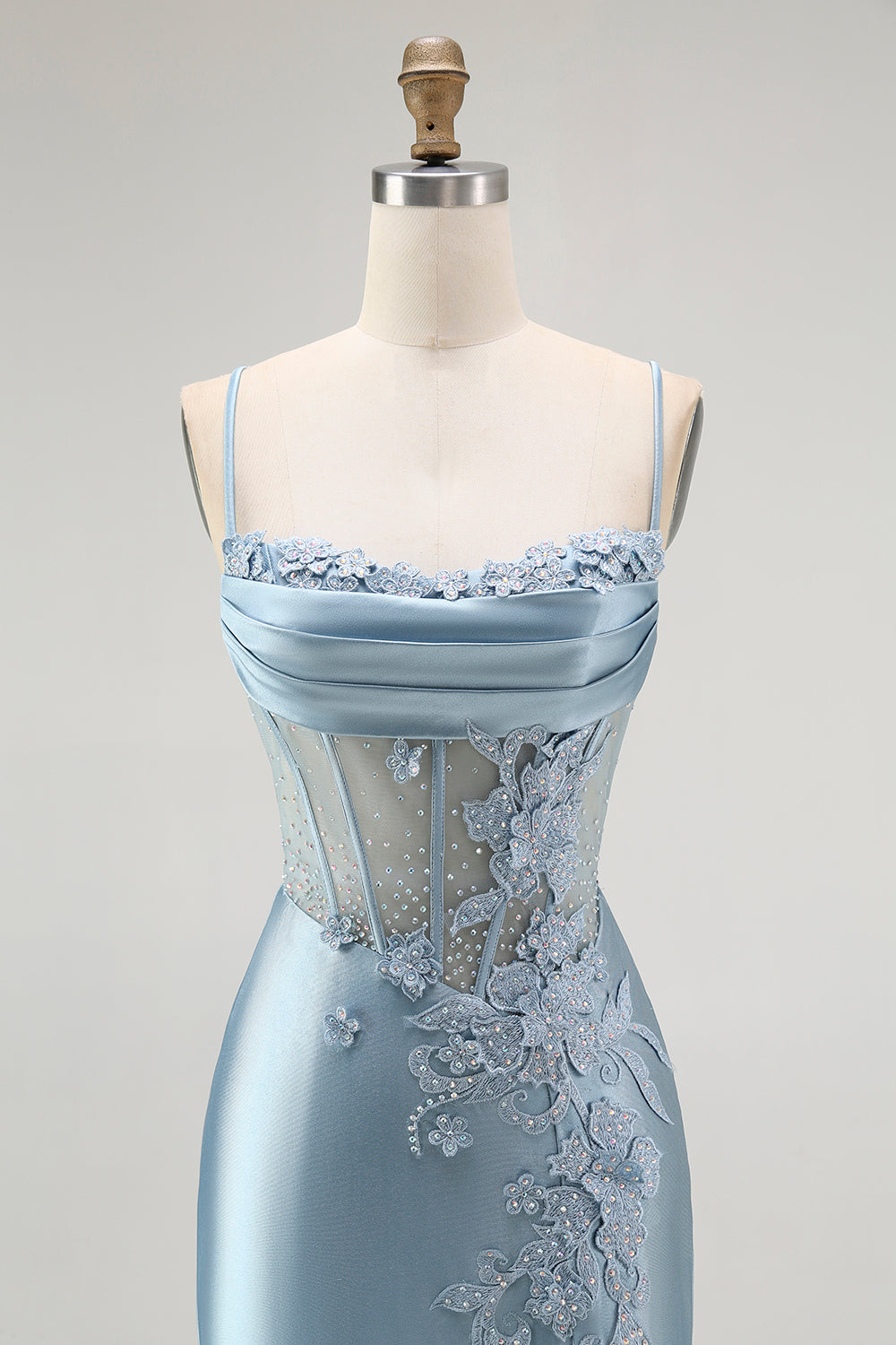 Grey Blue Mermaid Beaded Appliqued Corset Long Prom Dress with Slit