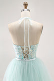 Sparkly Light Green A-Line Halter Sequins Corset Long Prom Dress with Beading
