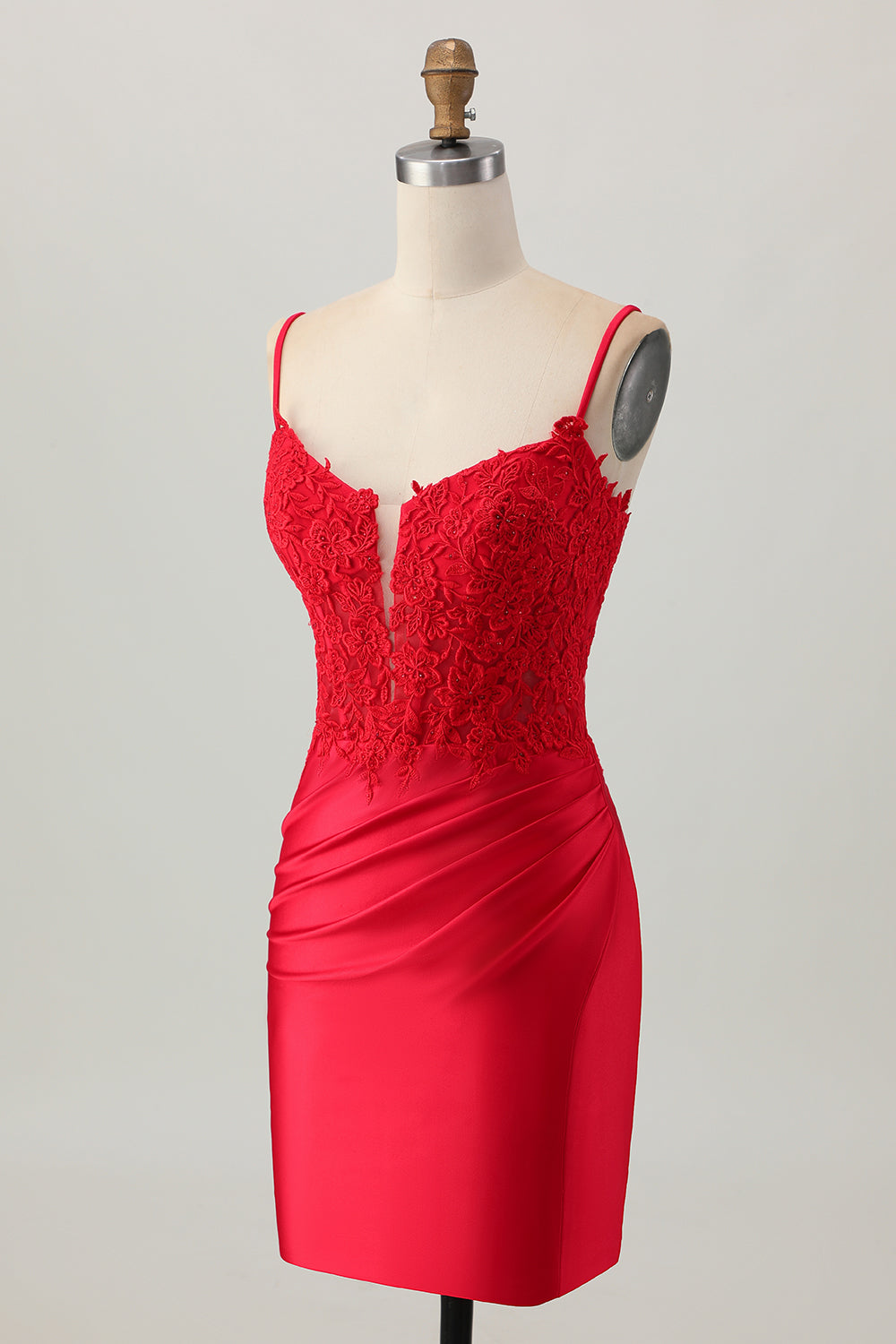 Dark Red Spaghetti Straps Beaded Short Tight Homecoming Dress with Lace Up Back