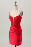 Dark Red Spaghetti Straps Beaded Short Tight Homecoming Dress with Lace Up Back