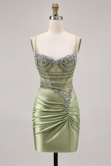 Sage Green Beaded Corset Tight Ruched Short Homecoming Dress with Rhinestones