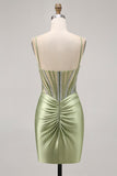 Sage Green Beaded Corset Tight Ruched Short Homecoming Dress with Rhinestones