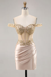 Off the Shoulder Corset Bodycon Champagne Homecoming Dress with Sequins