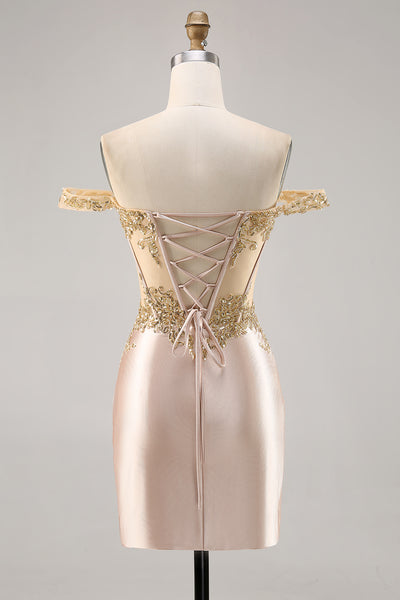 Zapaka Women Off The Shoulder Homecoming Dress with Sequins Corset Bodycon Satin Champagne Cocktail Dress, Champagne / US8