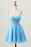 A Line Blue Short Corset Homecoming Dress with Appliques