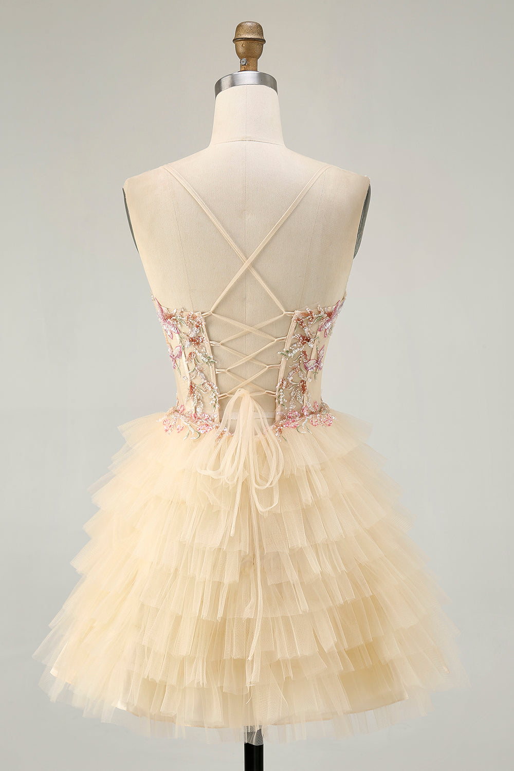 Apricot A Line Spaghetti Straps Corset Ruffled Homecoming Dress