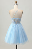 A Line Light Blue Short Appliqued Corset Homecoming Dress