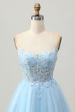A Line Light Blue Short Appliqued Corset Homecoming Dress