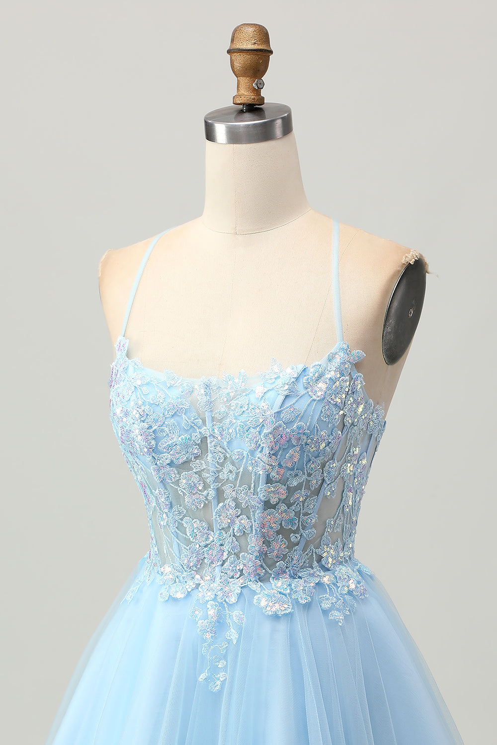 A Line Light Blue Short Appliqued Corset Homecoming Dress