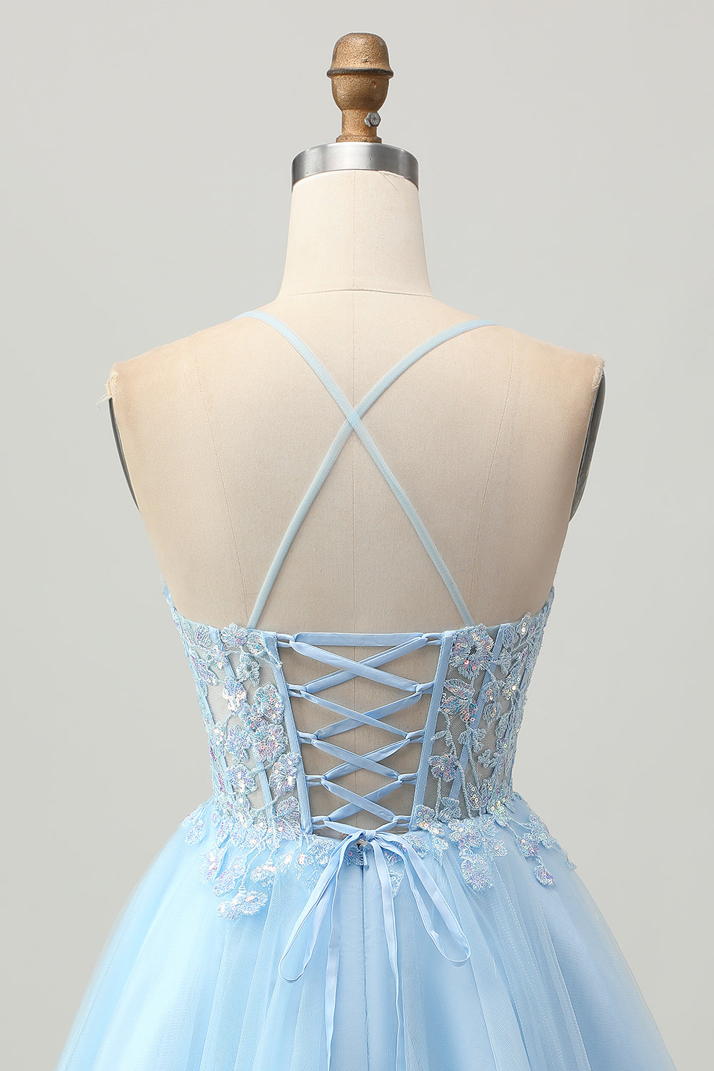 A Line Light Blue Short Appliqued Corset Homecoming Dress
