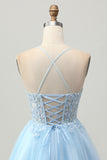 A Line Light Blue Short Appliqued Corset Homecoming Dress