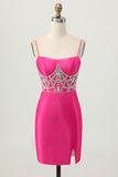 Fuchsia Bodycon Spaghetti Straps Satin Homecoming Dress with Slit