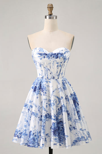 White Blue Flower A Line Strapless Corset Short Homecoming Dress
