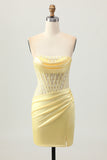 Yellow Satin Corset Tight Short Homecoming Dress with Lace Up Back