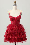 Sparkly Dark Red A-Line Tiered Corset Sequin Mini Homecoming Dress